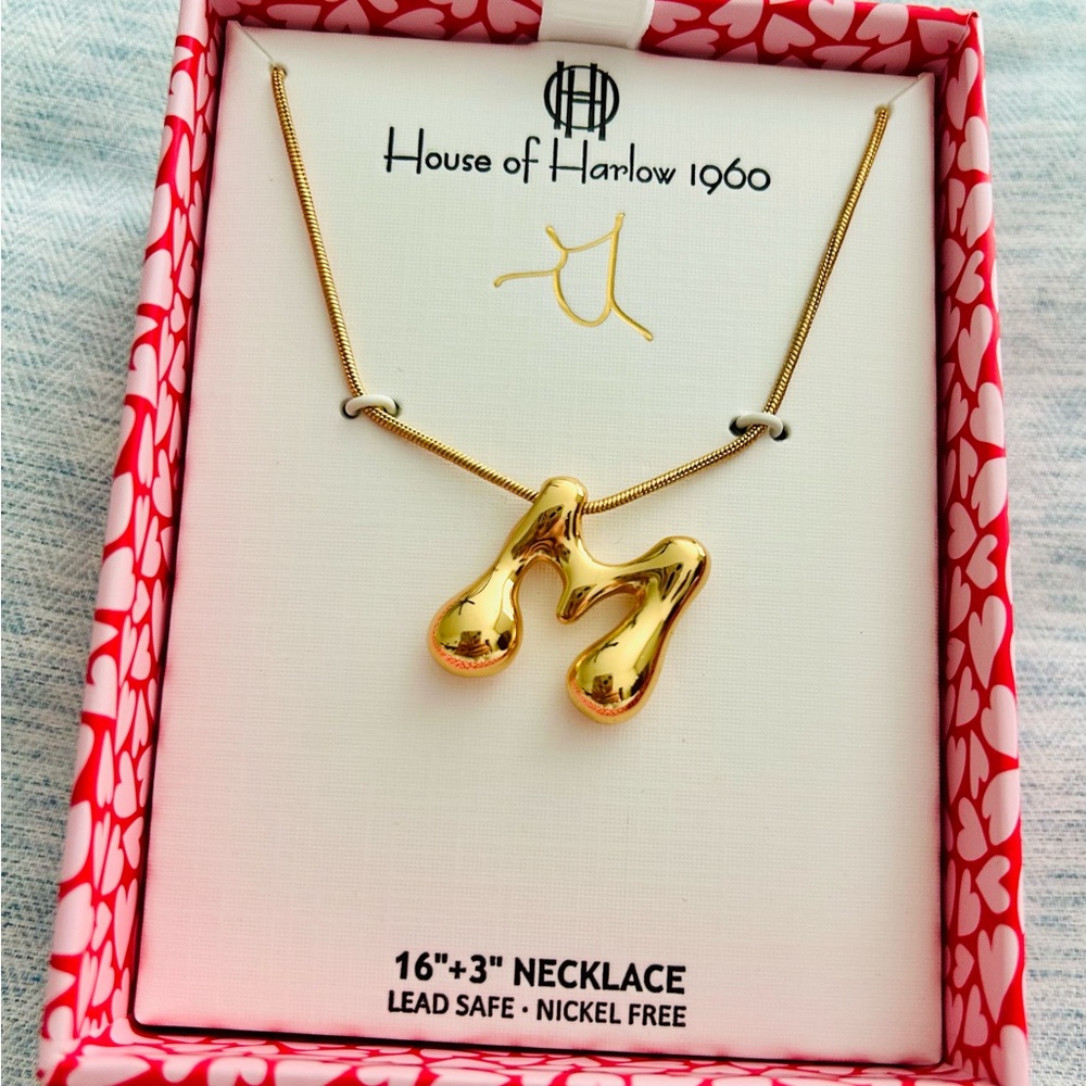 New, House of Harlow 1960 Gold M Drip Pendant Necklace